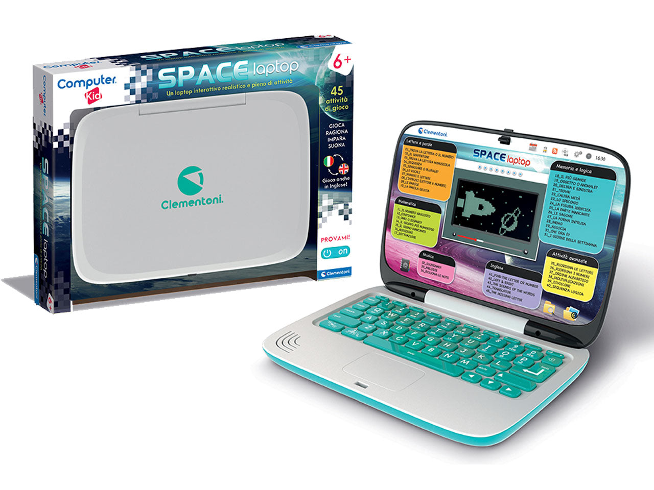 CLEMENTONI COMPUTER KID SPACE LAPTOP
EDUCATIVO PARLANTE 45 ATTIVITA' INTERATTIVE
GIOCO ELETTRONICO PER IMPARARE LETTERE NUMEI E PAROLE