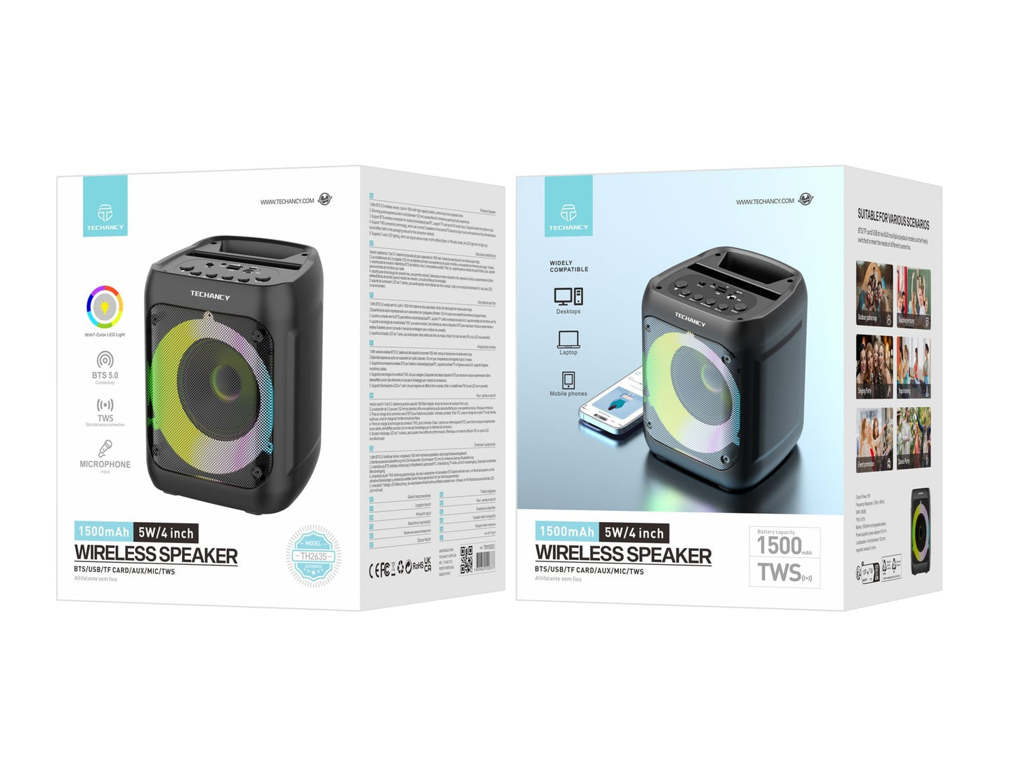 Altoparlanti stereo Bluetooth 5.0, altoparlante portatile senza fili, luci colorate, batteria da 1500 Mah