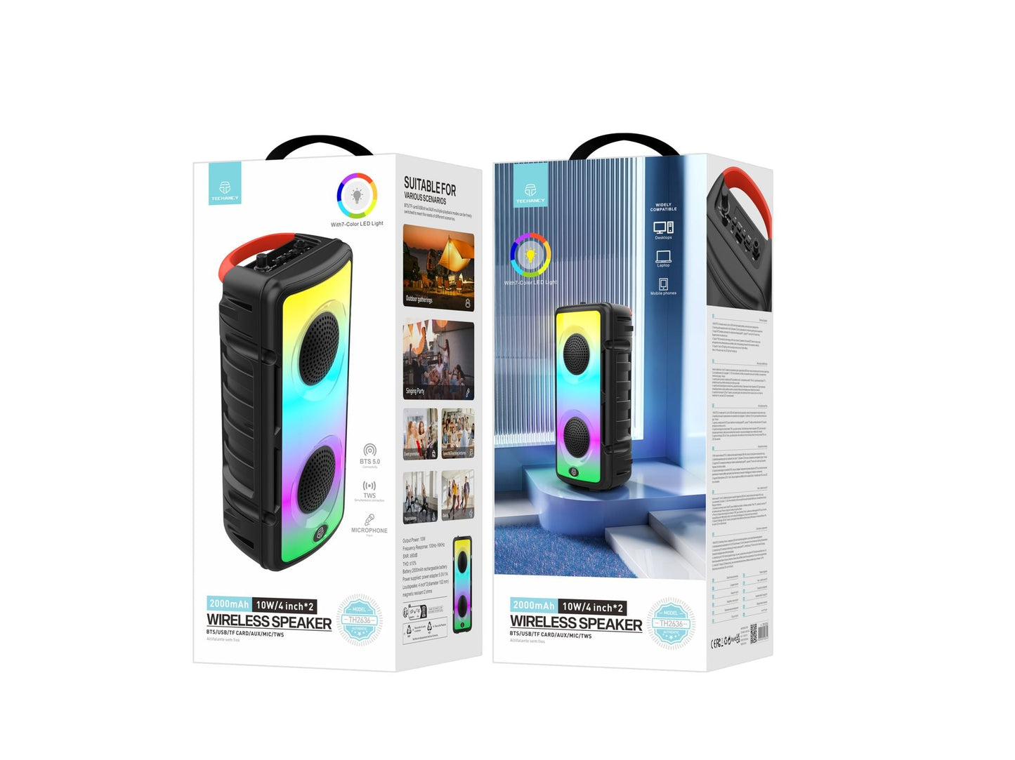 Altoparlanti stereo Bluetooth 5.0, altoparlante senza fili portatile, luci colorate, batteria da 2000 Mah