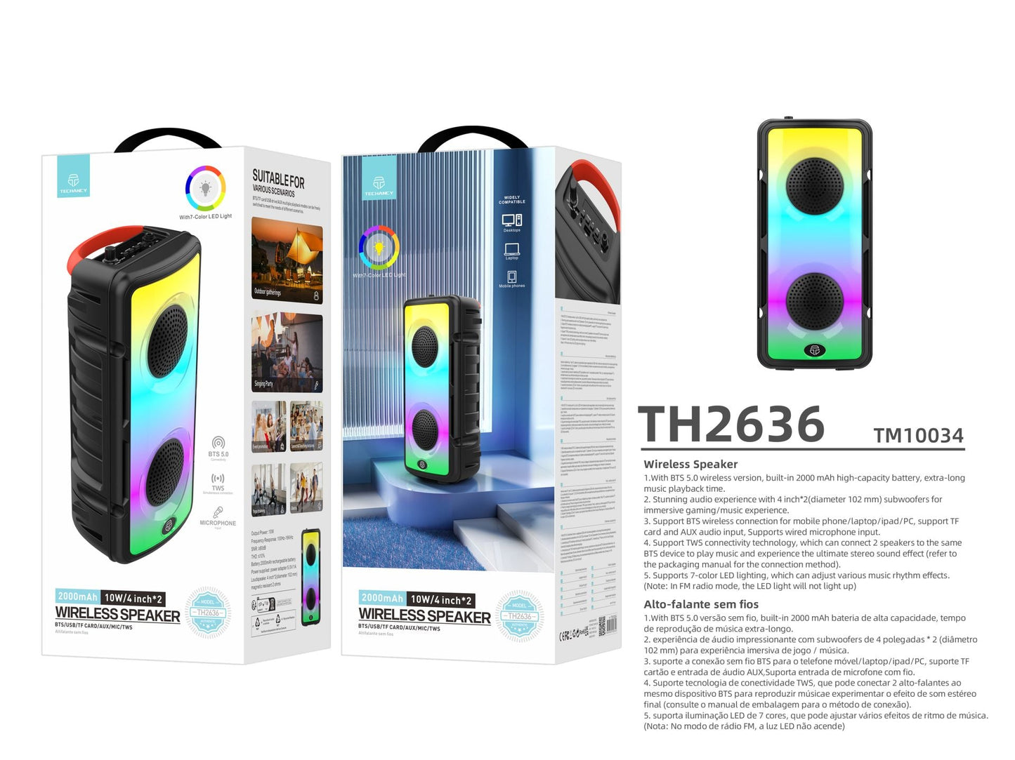 Altoparlanti stereo Bluetooth 5.0, altoparlante senza fili portatile, luci colorate, batteria da 2000 Mah