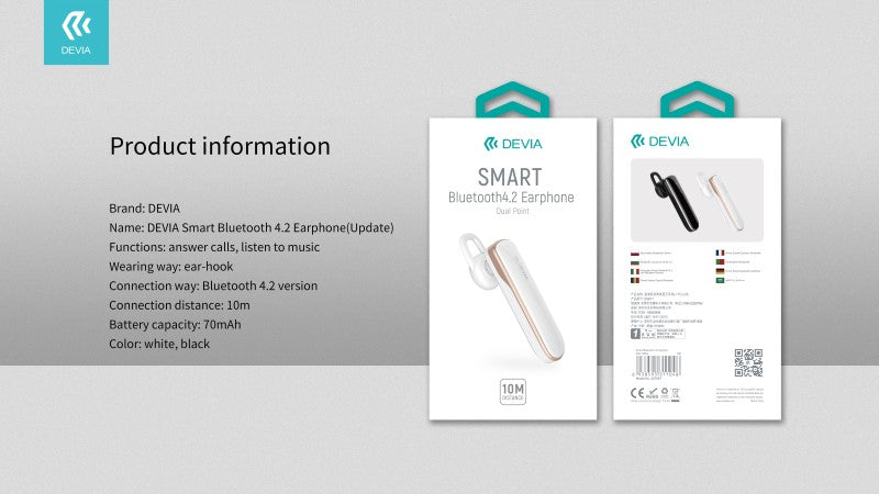 Auricolare Devia Smart Bluetooth 4.2 Riduttore Rumore Bianco