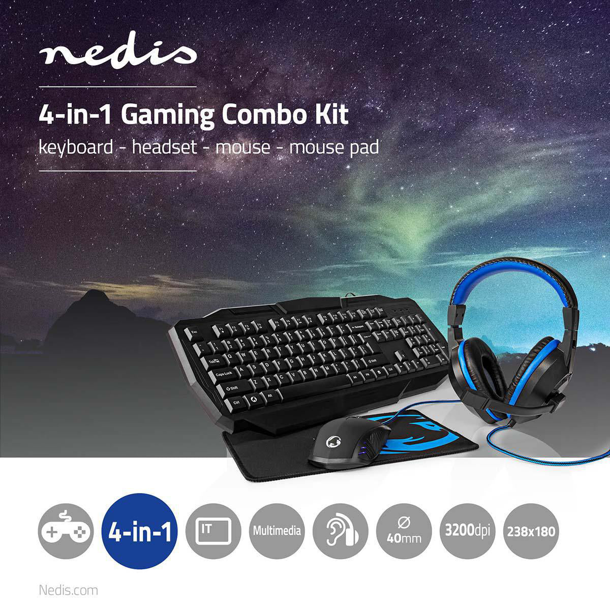 GCK41100BKIT - Nedis Kit combo di gioco | 4-in-1 |
Tastiera, Cuffia, Mouse e Mouse Pad | Blu / Nero |
QWERTY | Disp