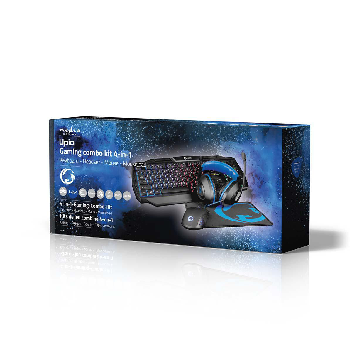 GCK41100BKIT - Nedis Kit combo di gioco | 4-in-1 |
Tastiera, Cuffia, Mouse e Mouse Pad | Blu / Nero |
QWERTY | Disp