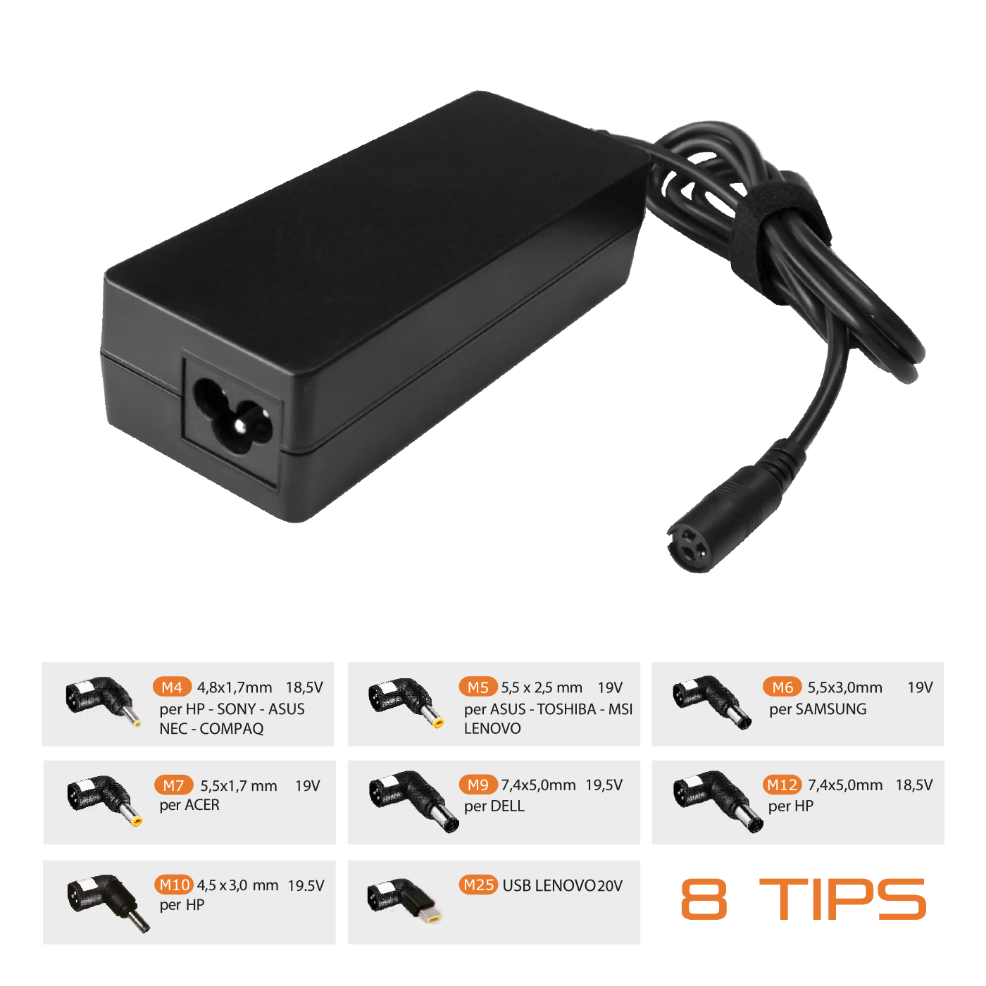 ALIMENTATORE UNIVERSALE NOTEBOOK TECHMADE 65W AFUA06 CON 8 CONNETTORI