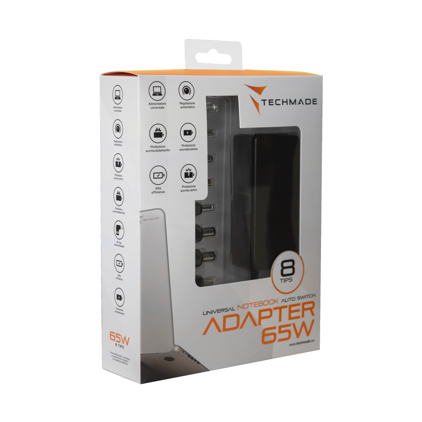 ALIMENTATORE UNIVERSALE NOTEBOOK TECHMADE 65W AFUA06 CON 8 CONNETTORI