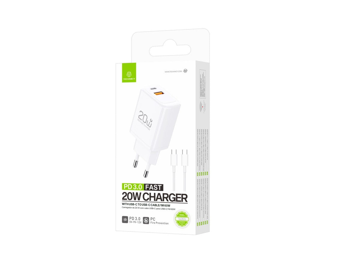 Caricabatterie rapido Techancy 20W PD3.0 Doppia porta USB-C+USB-A Cavo 1m 60W