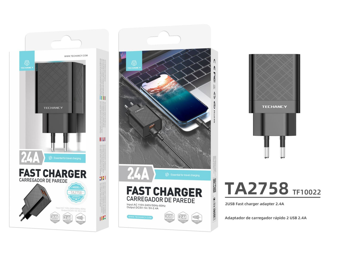 CARICABATTERIA DA MURO PER SMARTPHONE TABLET 2.4 AMPERE NERO