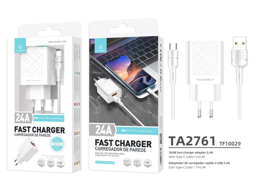 Caricabatterie Con Cavo USB Tipo C 2.4A 1M 2Usb Bianco
