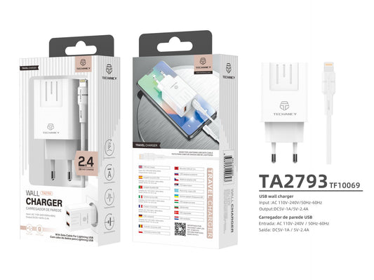 CARICABATTERIA LIGHTNING PER IPHONE   2.4A CON  2 USCITE Usb E CAVO DA 1 M White