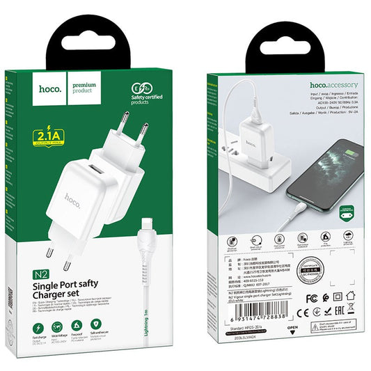 CARICABATTERIA 2.4A 1X USB + CAVO LIGHTNING N2 BIANCO