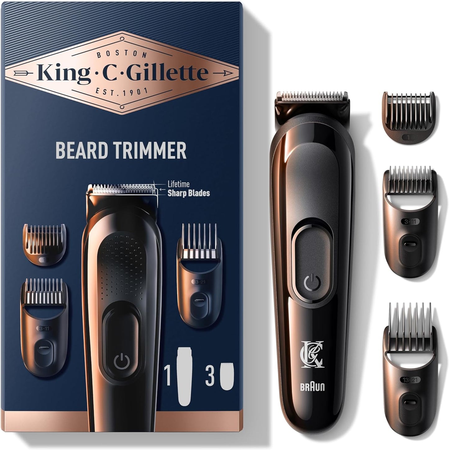 King C. Gillette Kit REGOLABARBA UOMO, 1 Testina, 3 Pettini Regolatori,
1 Spazzolina, 1 Caricatore, RASOIO BARBA ELETTRICO