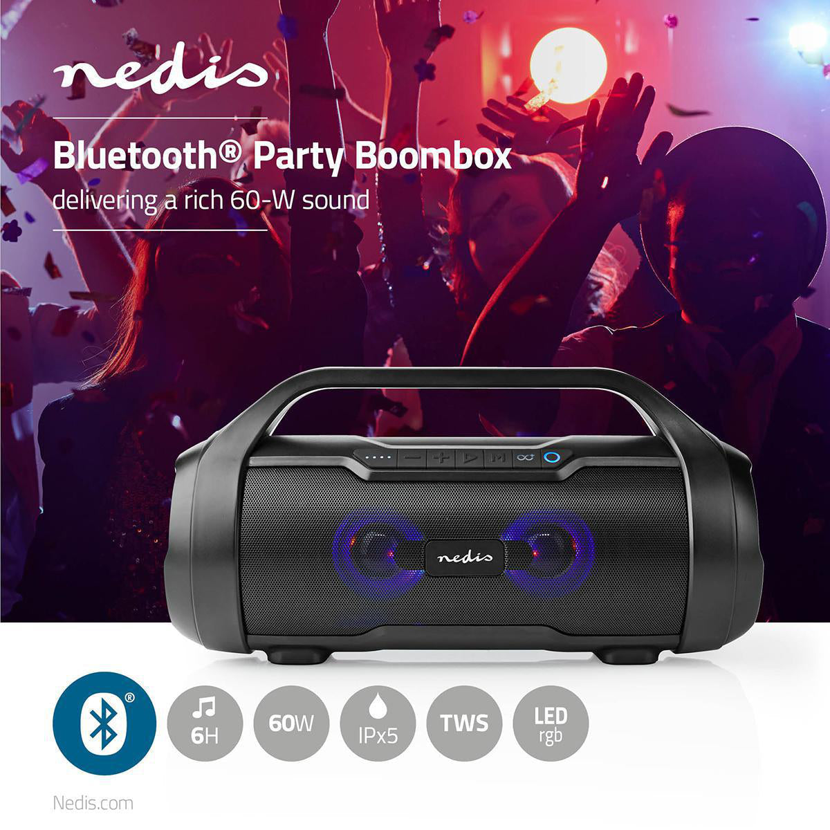 Cassa audio Portatile per Feste | 6 Ore
di Autonomia | Bluetooth | TWS | Luci per feste | Nero